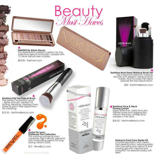 Keshima Must-Have Set, Kabuki Foundation Brush, and Keshima Face and Neck Firming Cream on the 2014 Beauty Must Haves Page of Nicole Magazine